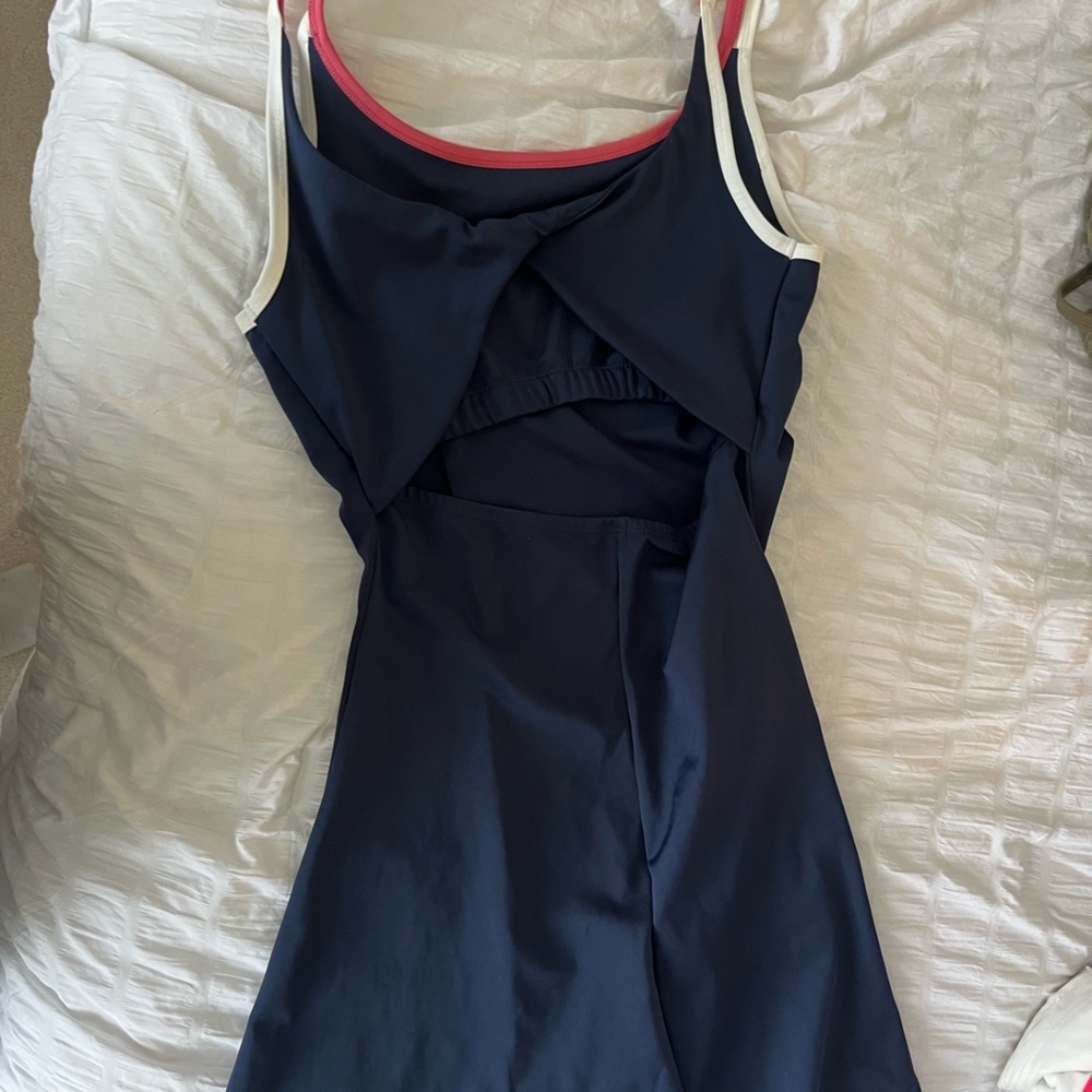 Navy Blue Sleeveless Jumpsuit with Pink and White Trim